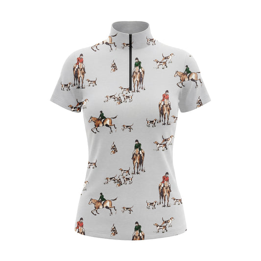 RIDER ATELIER fox hunt short sleeve quarter-zip top on white background, front view
