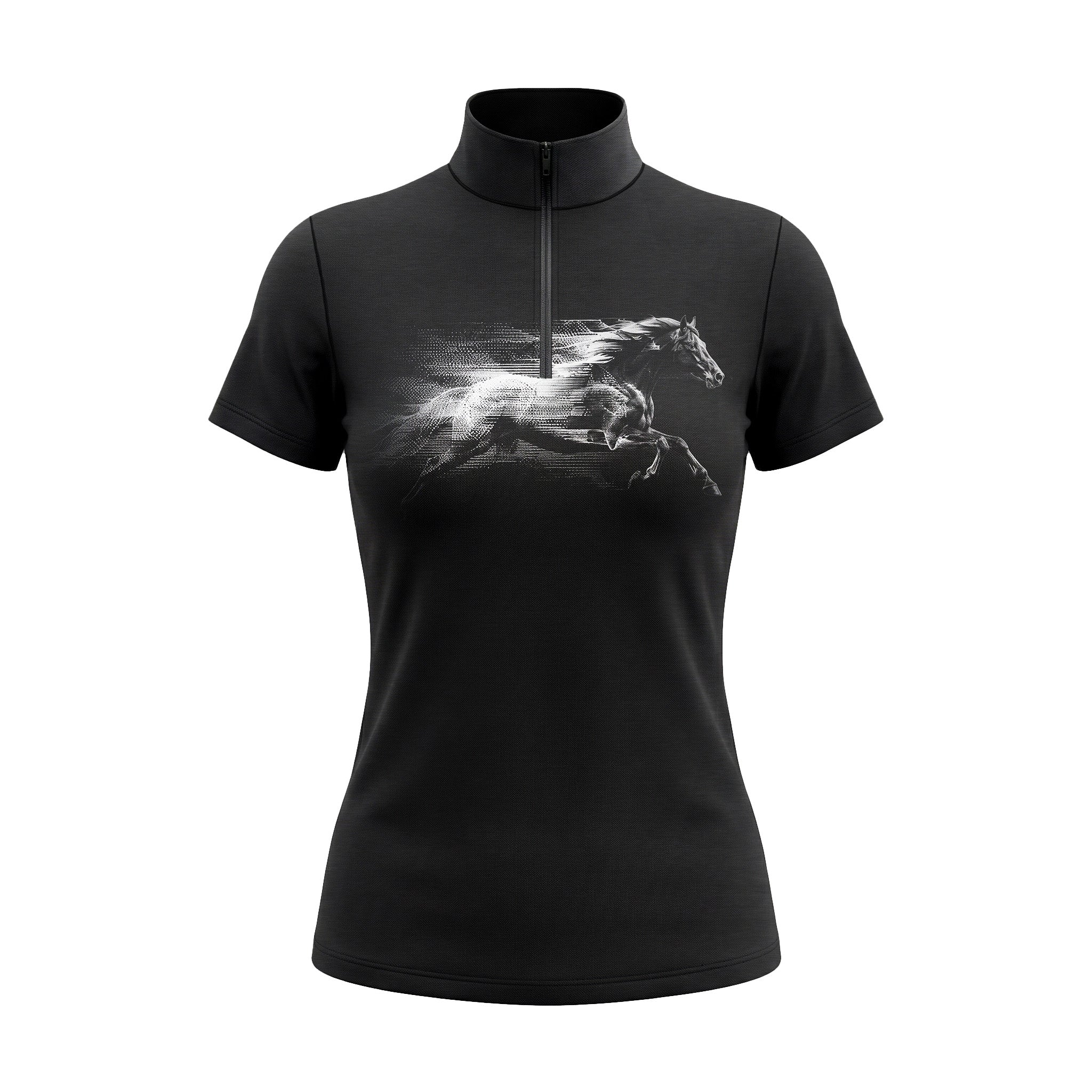 Studio flat view of the RIDER ATELIER Black Monochrome Galloping Horse Print Short-Sleeve Quarter-Zip Riding Top, showcasing the full print and quarter-zip collar
