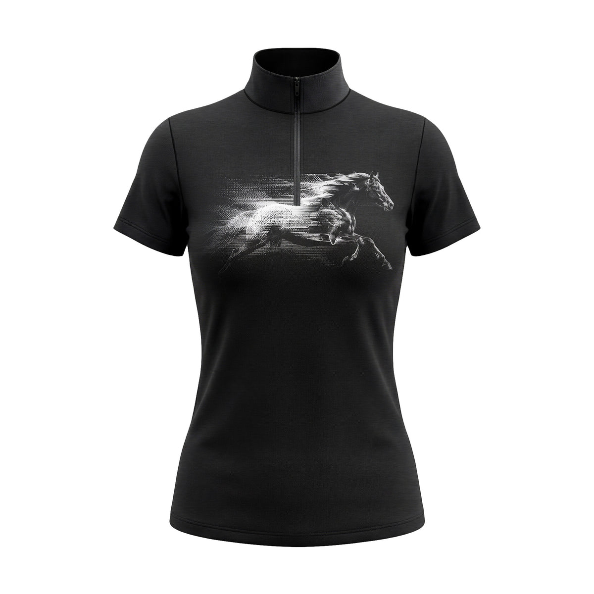 Studio flat view of the RIDER ATELIER Black Monochrome Galloping Horse Print Short-Sleeve Quarter-Zip Riding Top, showcasing the full print and quarter-zip collar
