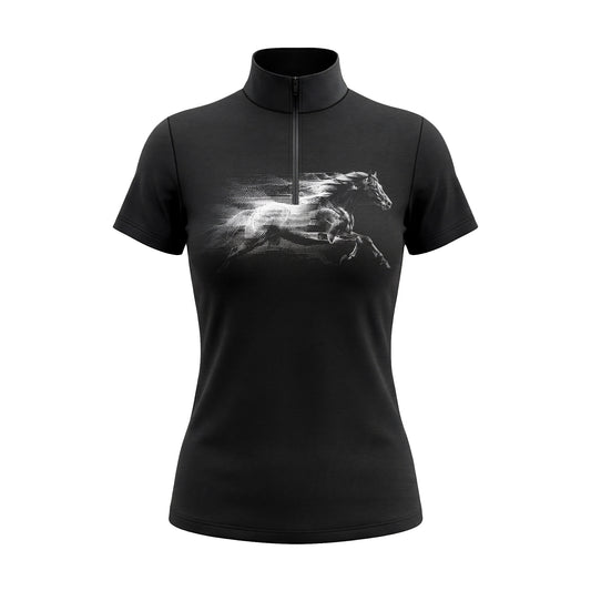 Studio flat view of the RIDER ATELIER Black Monochrome Galloping Horse Print Short-Sleeve Quarter-Zip Riding Top, showcasing the full print and quarter-zip collar
