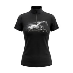 Studio flat view of the RIDER ATELIER Black Monochrome Galloping Horse Print Short-Sleeve Quarter-Zip Riding Top, showcasing the full print and quarter-zip collar
