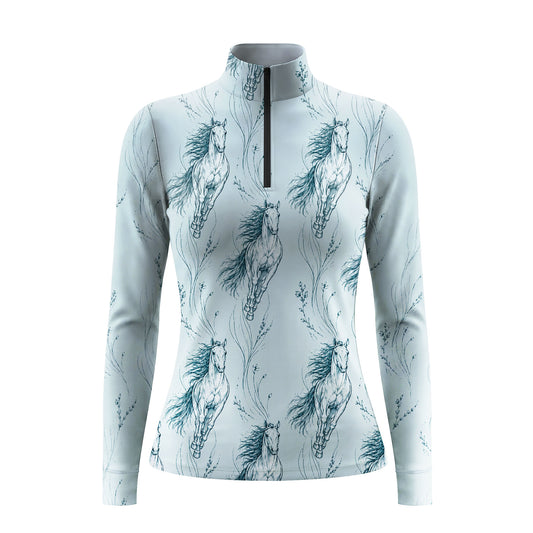 Studio shot of the RIDER ATELIER Light Teal Galloping Horse Sketch Print Long-Sleeve Quarter-Zip Riding Top, showing the full sketch print, soft light teal base, quarter-zip collar, and fabric texture against a clean white background
