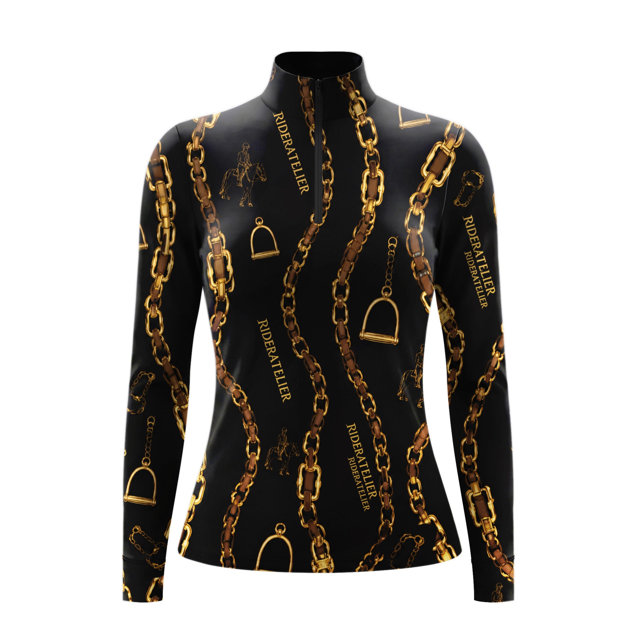 Studio flat view of the RIDER ATELIER Black Gold Chain & Stirrup Print Long-Sleeve Quarter-Zip Riding Top, showcasing the full pattern and quarter-zip collar
