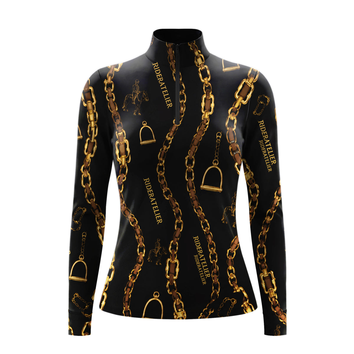 Studio flat view of the RIDER ATELIER Black Gold Chain & Stirrup Print Long-Sleeve Quarter-Zip Riding Top, showcasing the full pattern and quarter-zip collar
