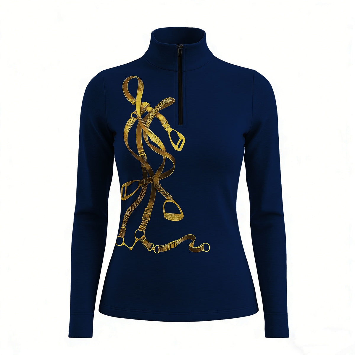 RIDER ATELIER gold equestrian tack quarter-zip top on white background, front view
