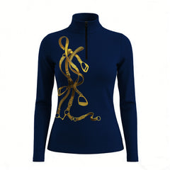RIDER ATELIER gold equestrian tack quarter-zip top on white background, front view