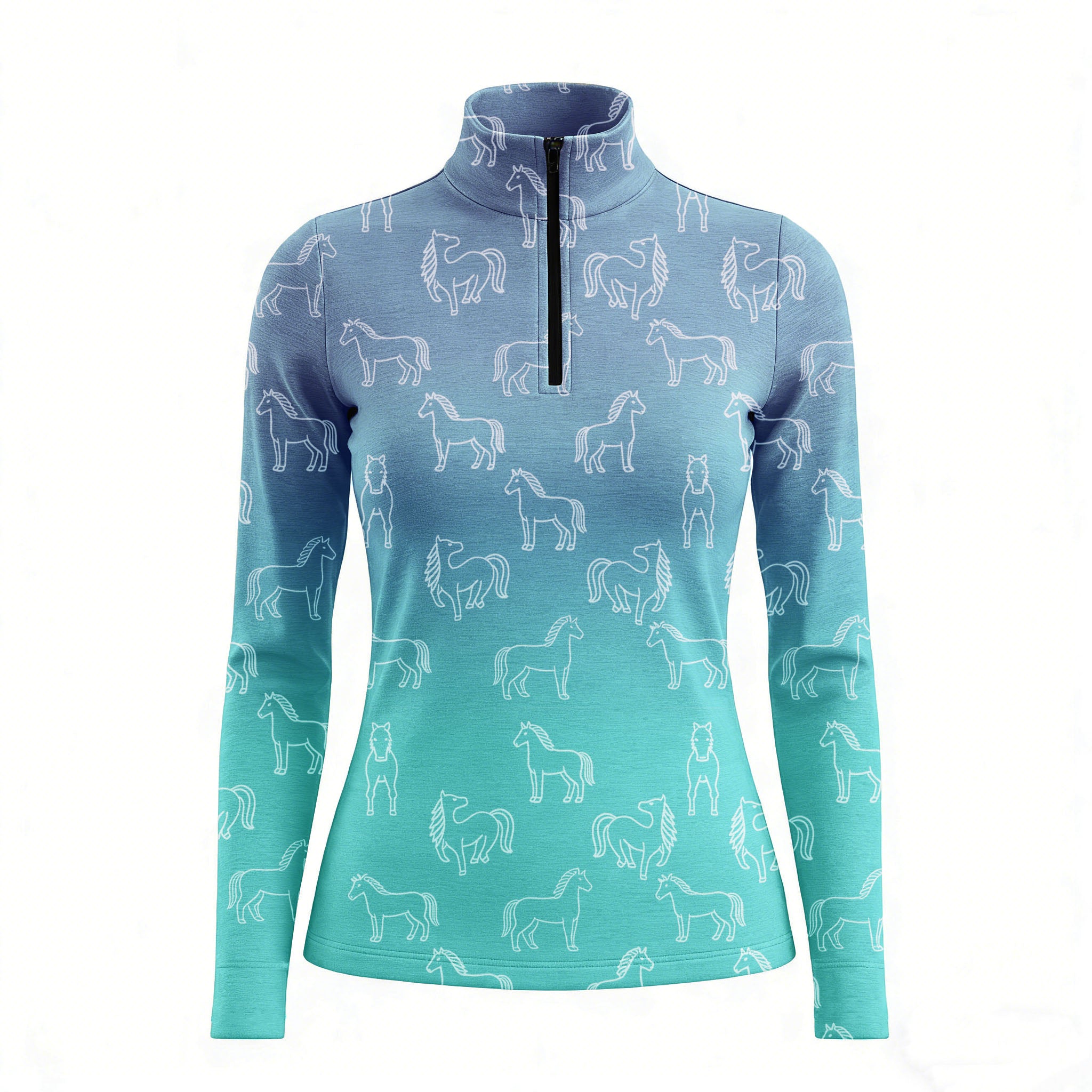 RIDER ATELIER gradient horse line art quarter-zip top on white background, front view