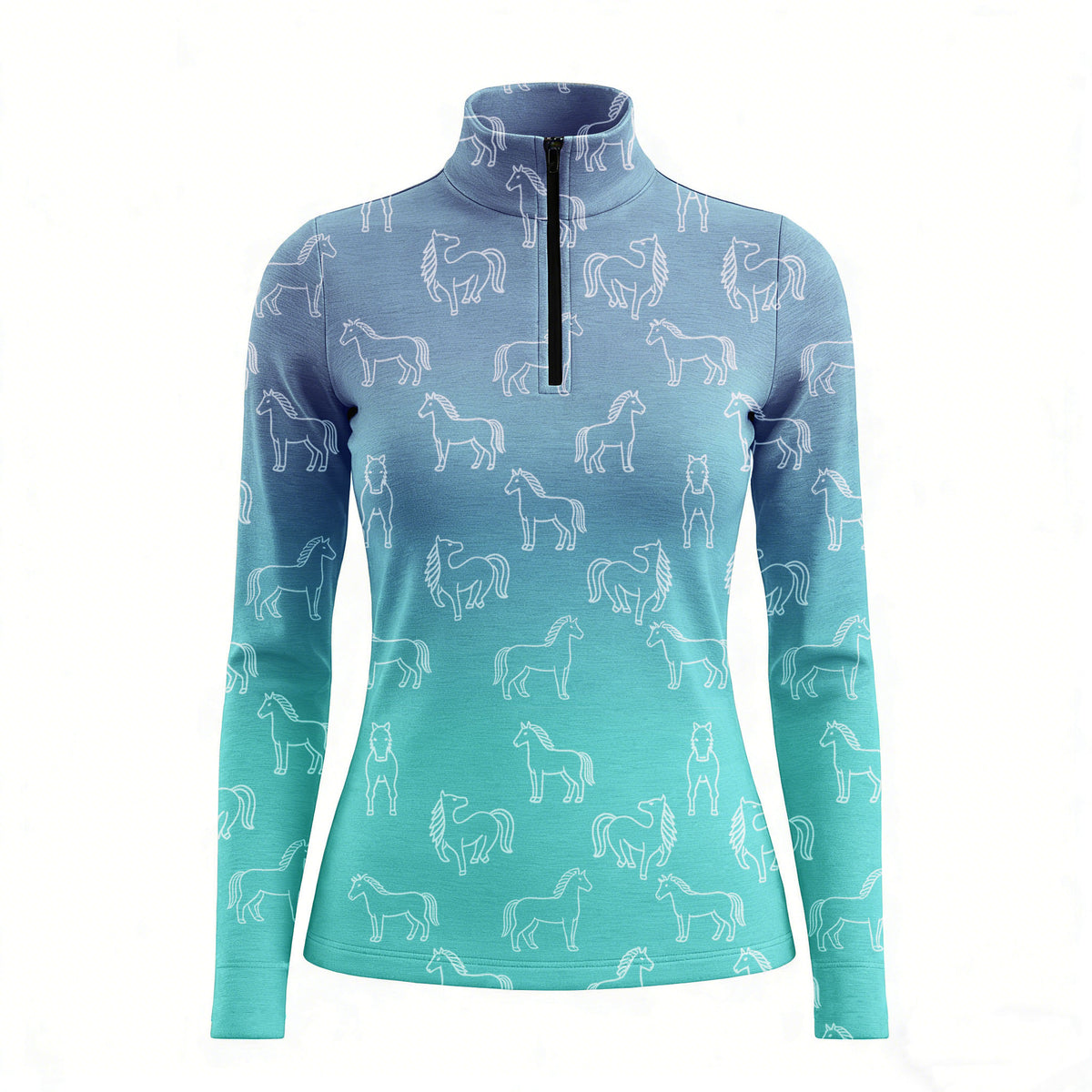 RIDER ATELIER gradient horse line art quarter-zip top on white background, front view