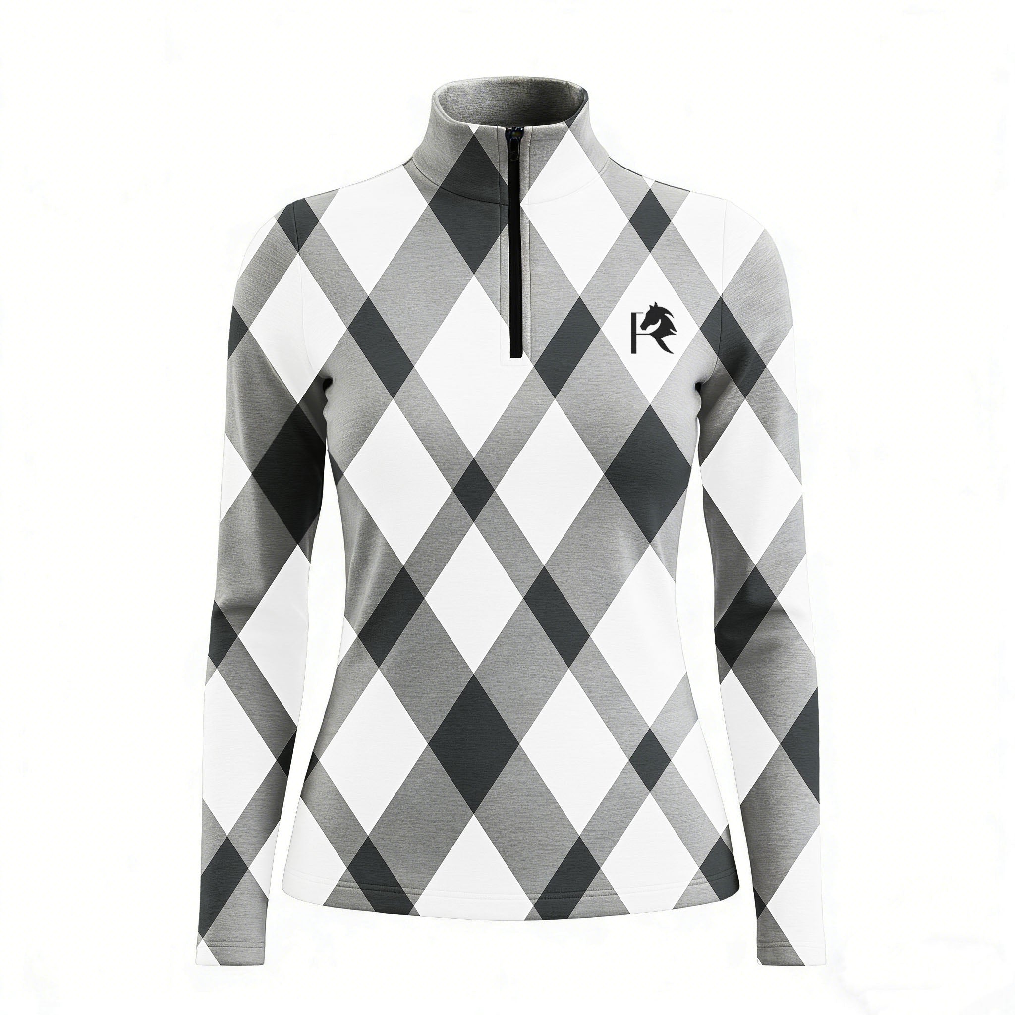 RIDER ATELIER gray argyle quarter-zip top on white background, front view