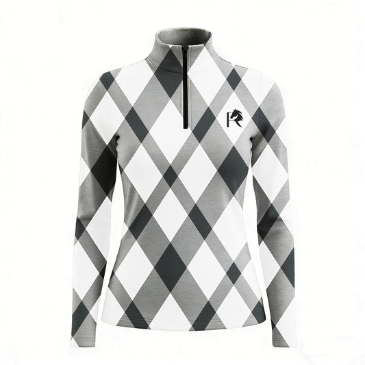 RIDER ATELIER gray argyle quarter-zip top on white background, front view