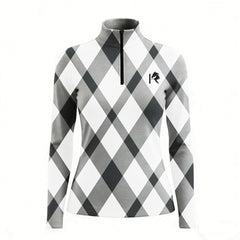 RIDER ATELIER gray argyle quarter-zip top on white background, front view