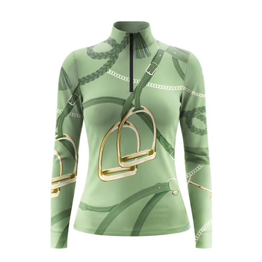 Green equestrian shirt with gold stirrup design on a white background