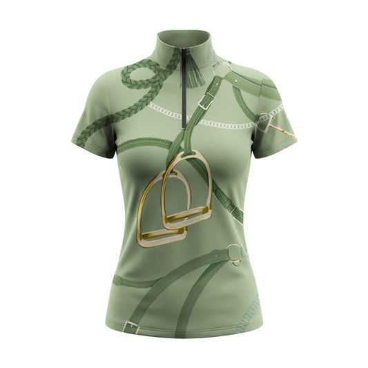 Green equestrian shirt with horse bridle design on a white background