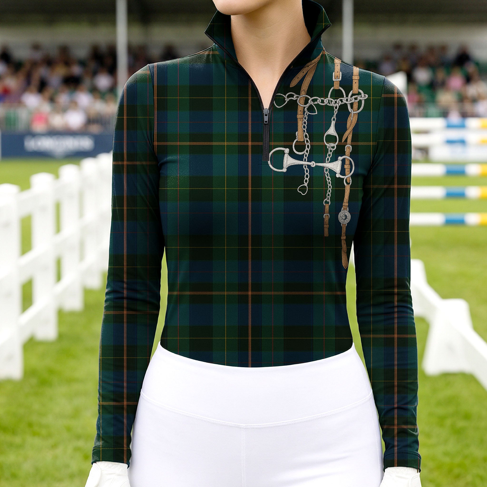 Woman wearing RIDER ATELIER green plaid snaffle bit tartan quarter-zip top at the show jumping arena