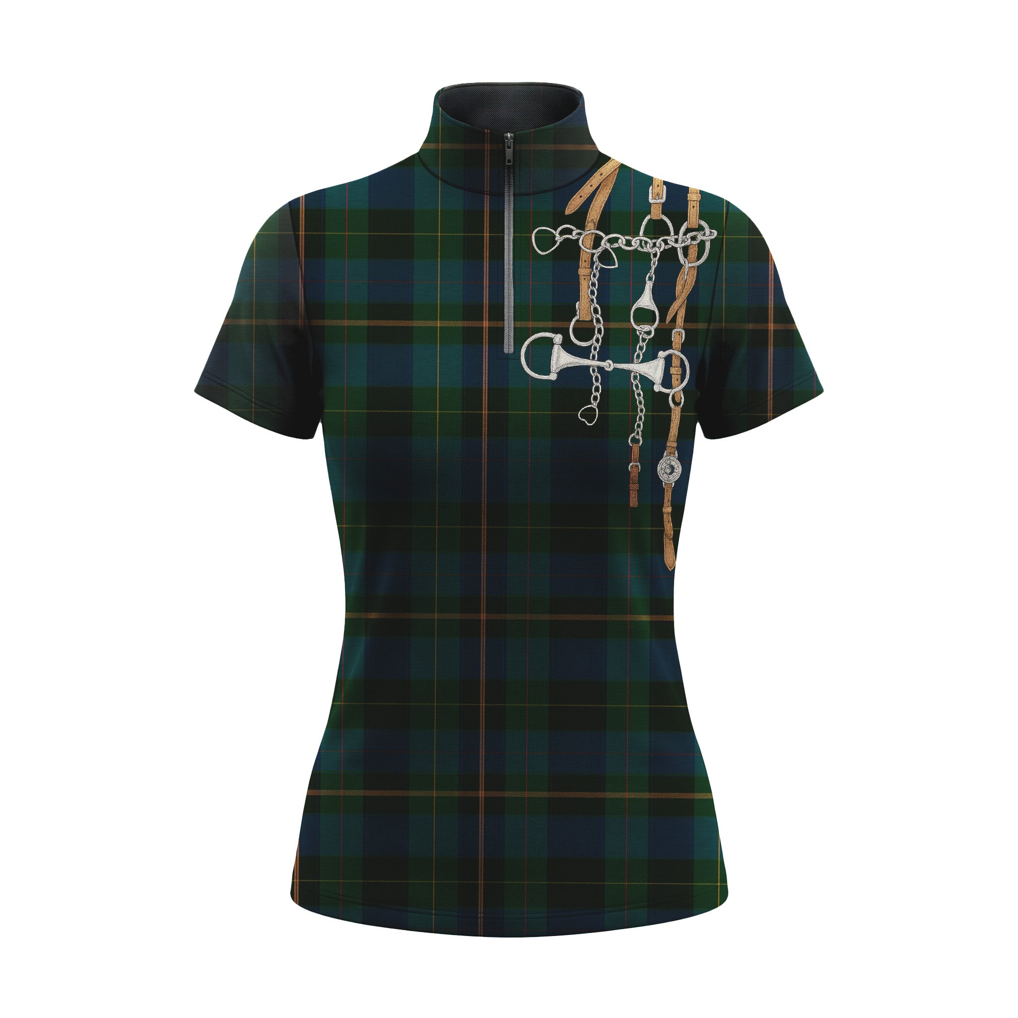 RIDER ATELIER green tartan bit & bridle print short sleeve top on white background, front view
