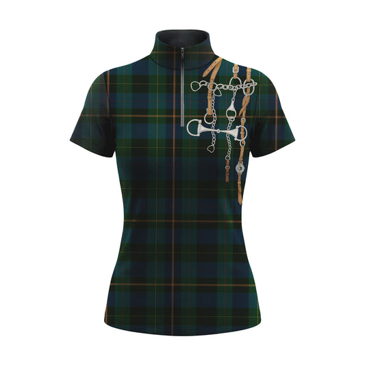 RIDER ATELIER green tartan bit & bridle print short sleeve top on white background, front view
