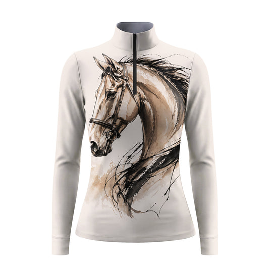 Studio flat view of the RIDER ATELIER Watercolor Horse Portrait Print Long-Sleeve Quarter-Zip Riding Top, showcasing the full portrait print and quarter-zip collar

