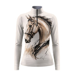 Studio flat view of the RIDER ATELIER Watercolor Horse Portrait Print Long-Sleeve Quarter-Zip Riding Top, showcasing the full portrait print and quarter-zip collar
