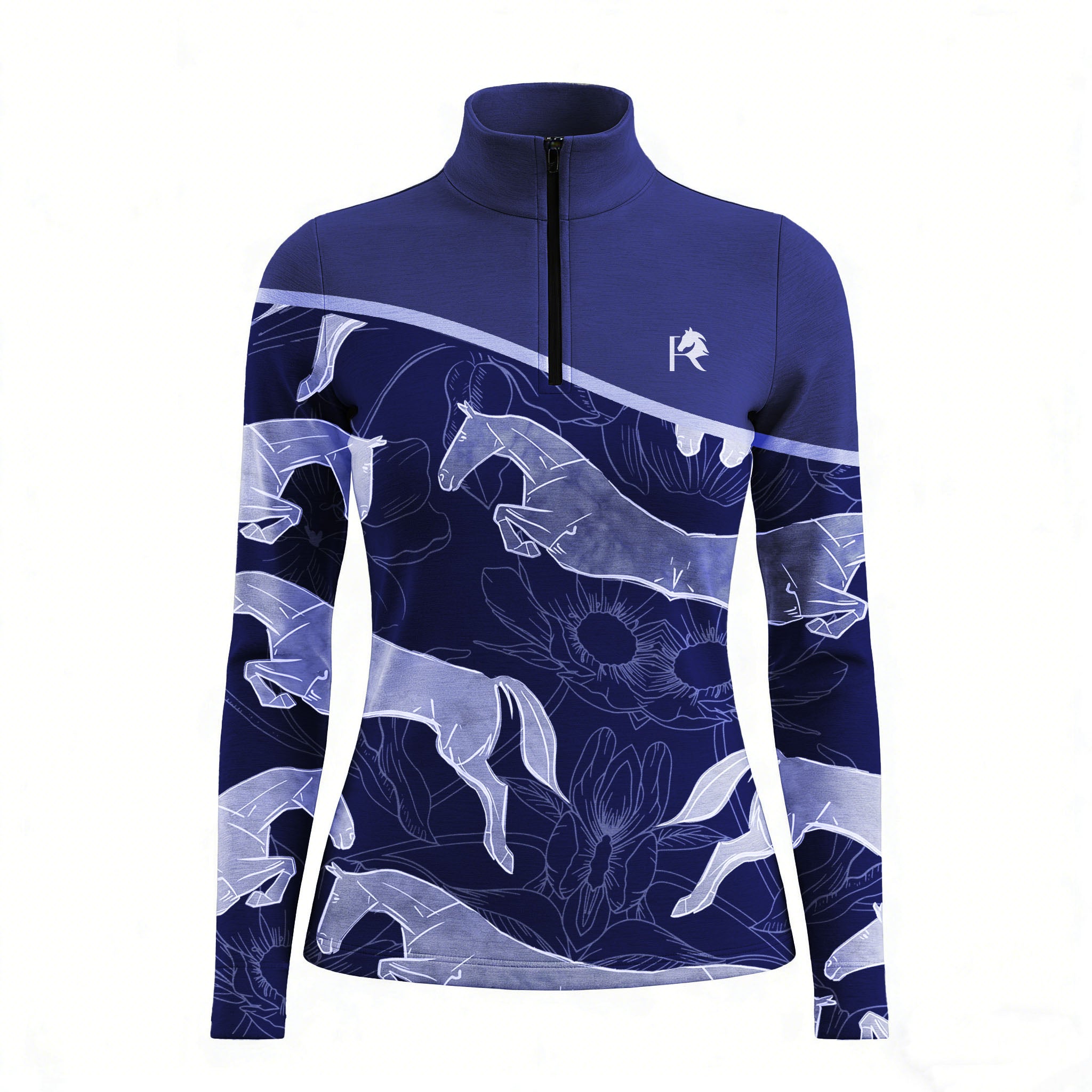 RIDER ATELIER jumping horse floral quarter-zip top on white background, front view