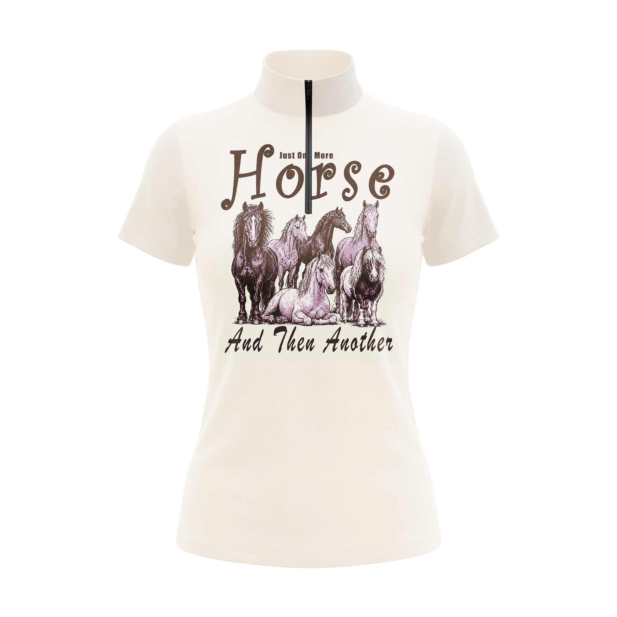 Studio flat view of the RIDER ATELIER "Just One More Horse" Graphic Print Short-Sleeve Quarter-Zip Riding Top, showcasing the full whimsical print and quarter-zip collar
