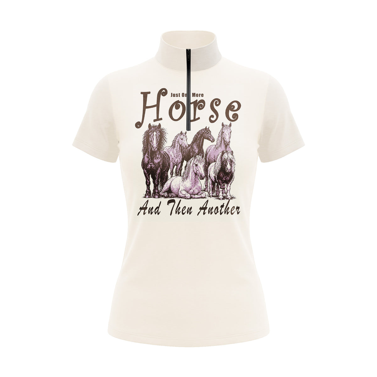 Studio flat view of the RIDER ATELIER "Just One More Horse" Graphic Print Short-Sleeve Quarter-Zip Riding Top, showcasing the full whimsical print and quarter-zip collar
