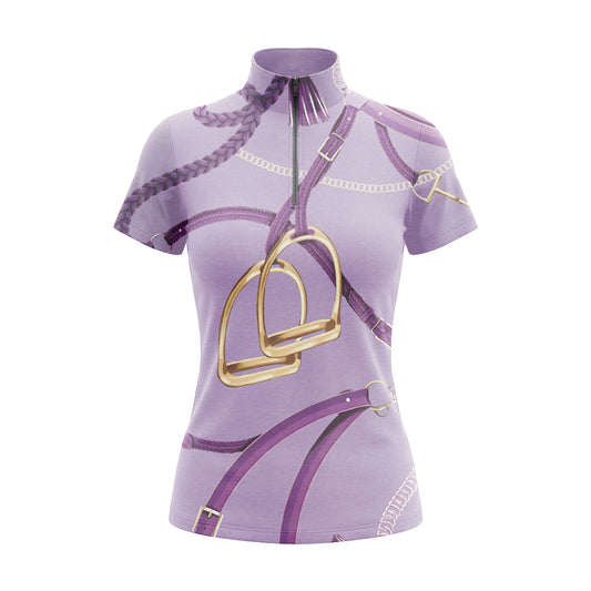 RIDER ATELIER lavender stirrup & bridle print short sleeve top on white background, front view
