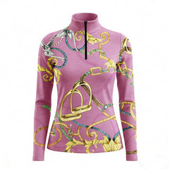 RIDER ATELIER luxury baroque horse tack pink quarter-zip top on white background, front view