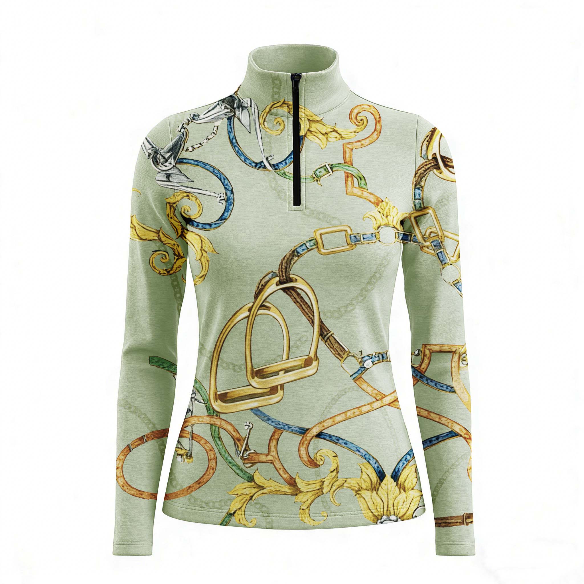 RIDER ATELIER luxury baroque horse tack sage green quarter-zip top on white background, front view