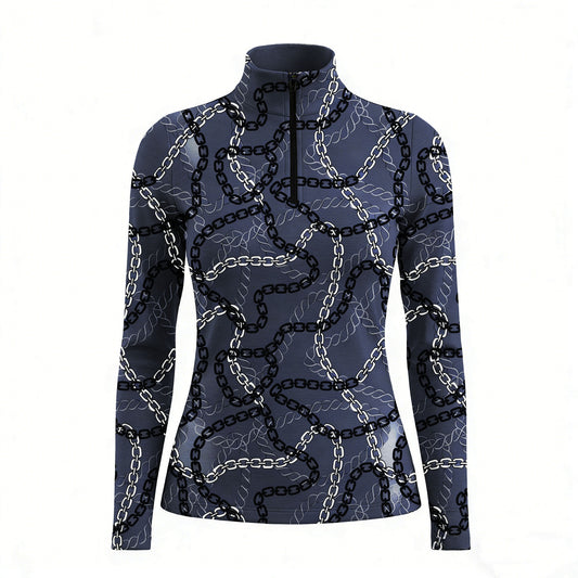 RIDER ATELIER luxury chain link quarter-zip top on white background, front view
