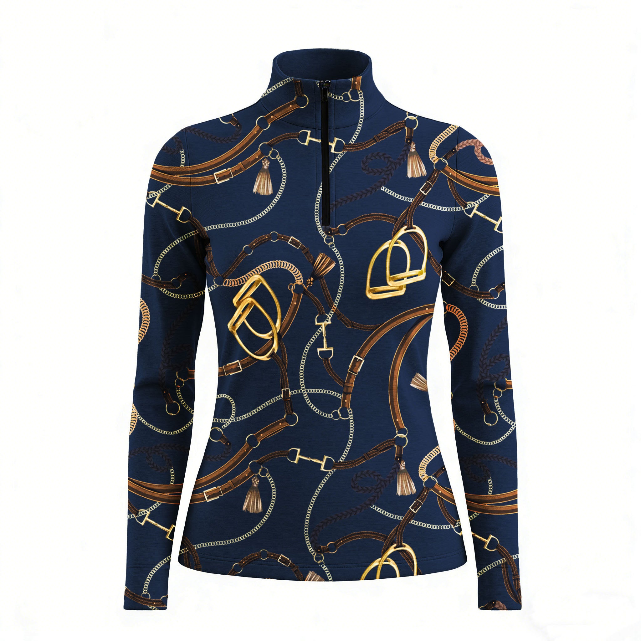RIDER ATELIER luxury tack quarter-zip top on white background, front view
