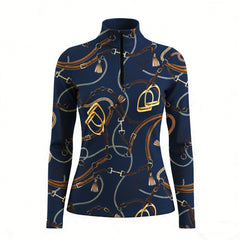 RIDER ATELIER luxury tack quarter-zip top on white background, front view
