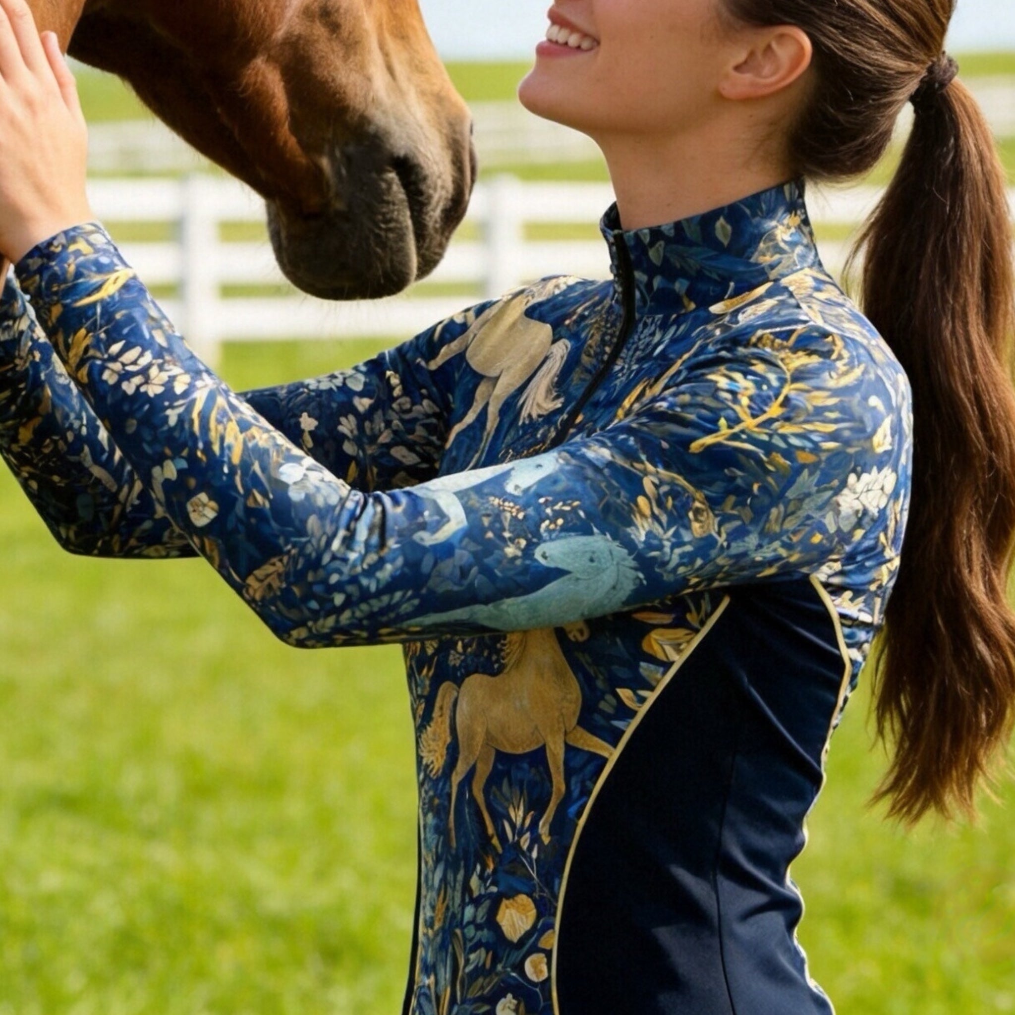 Model wearing the RIDER ATELIER Midnight Blue Mythical Horse & Floral Riding Top while grooming a horse in a sunlit pasture

