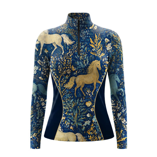 Studio flat view of the RIDER ATELIER Midnight Blue Mythical Horse & Floral Long-Sleeve Quarter-Zip Riding Top, showcasing the full print and contrast side panels

