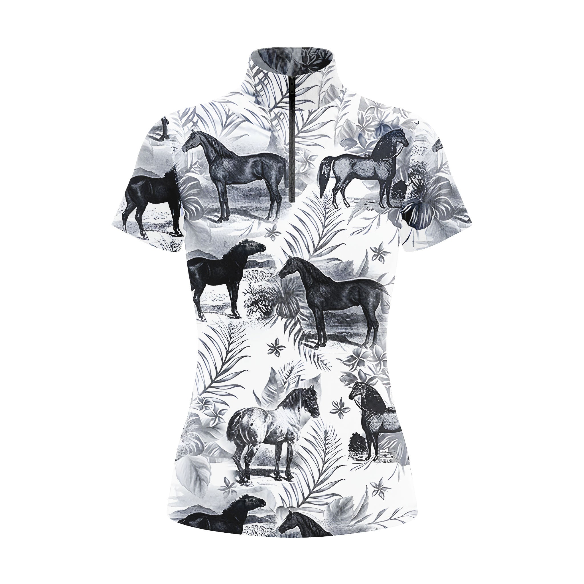 Studio flat view of the RIDER ATELIER Monochrome Tropical Horse Print Short-Sleeve Quarter-Zip Riding Top, showcasing the full high-contrast print and quarter-zip collar
