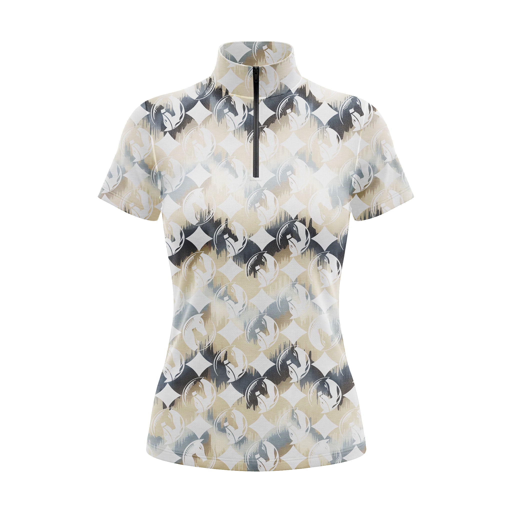 Studio flat view of the RIDER ATELIER Neutral Checker Horse Monogram Short-Sleeve Quarter-Zip Riding Top, showcasing the full pattern and quarter-zip collar
