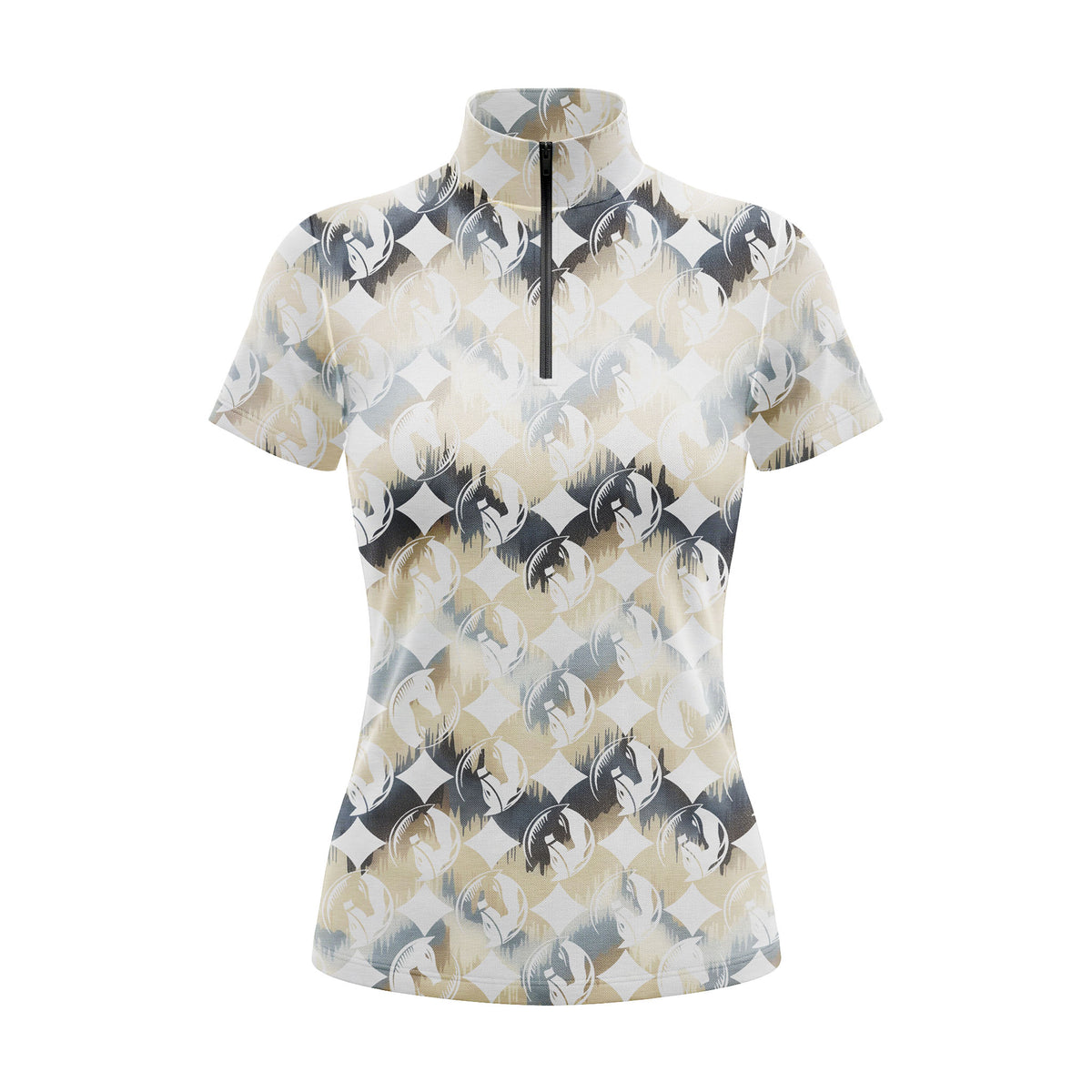 Studio flat view of the RIDER ATELIER Neutral Checker Horse Monogram Short-Sleeve Quarter-Zip Riding Top, showcasing the full pattern and quarter-zip collar
