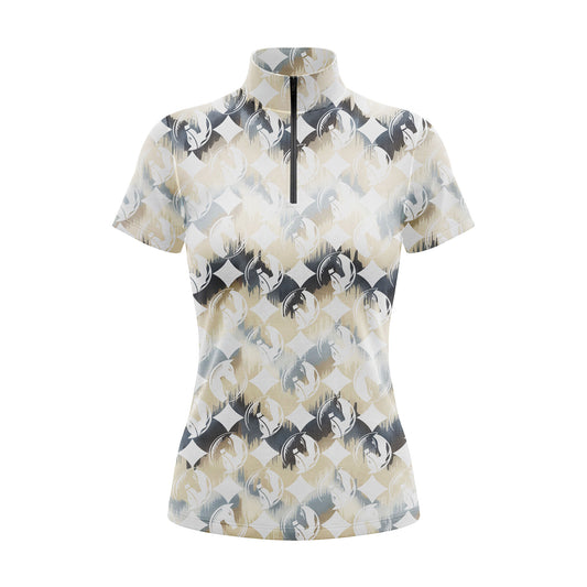 Studio flat view of the RIDER ATELIER Neutral Checker Horse Monogram Short-Sleeve Quarter-Zip Riding Top, showcasing the full pattern and quarter-zip collar

