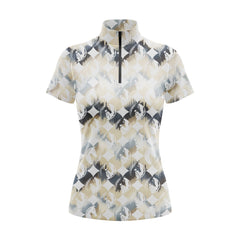 Studio flat view of the RIDER ATELIER Neutral Checker Horse Monogram Short-Sleeve Quarter-Zip Riding Top, showcasing the full pattern and quarter-zip collar
