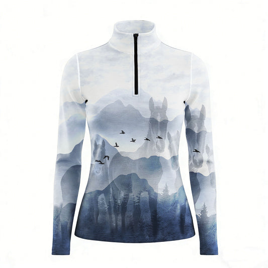 RIDER ATELIER mountain horse double exposure blue gray quarter-zip top on white background, front view