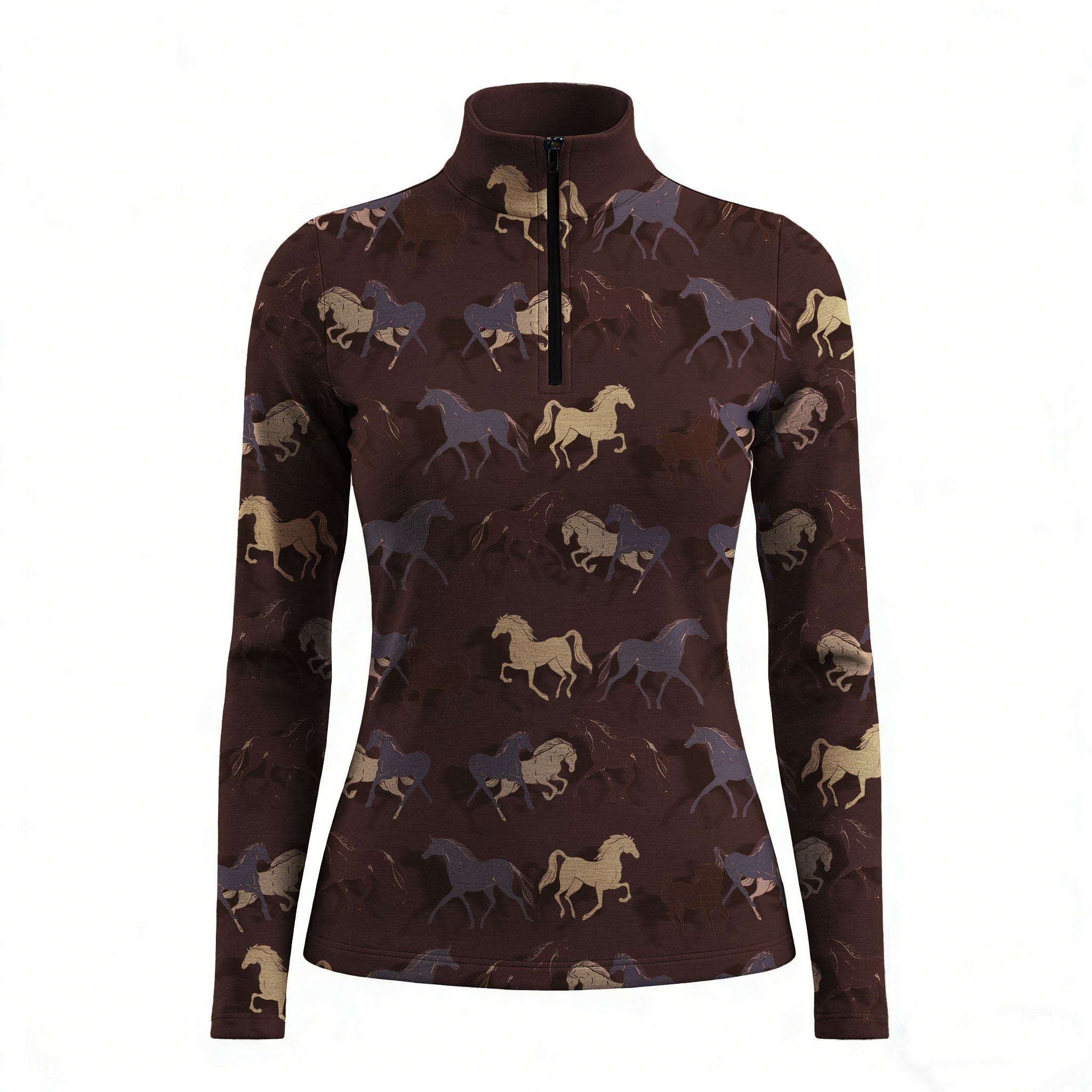 RIDER ATELIER multi horse silhouette chocolate quarter-zip top on white background, front view
