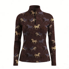RIDER ATELIER multi horse silhouette chocolate quarter-zip top on white background, front view