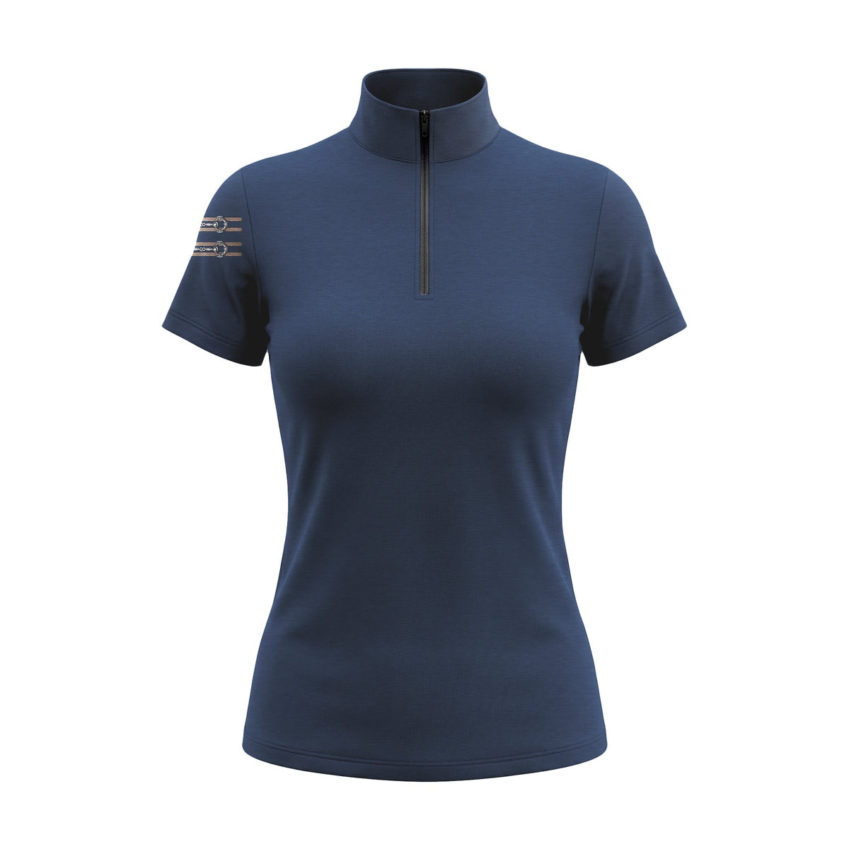 Studio flat view of the RIDER ATELIER Navy Bit Accent Short-Sleeve Quarter-Zip Riding Top, showcasing the full silhouette and quarter-zip collar
