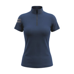 Studio flat view of the RIDER ATELIER Navy Bit Accent Short-Sleeve Quarter-Zip Riding Top, showcasing the full silhouette and quarter-zip collar
