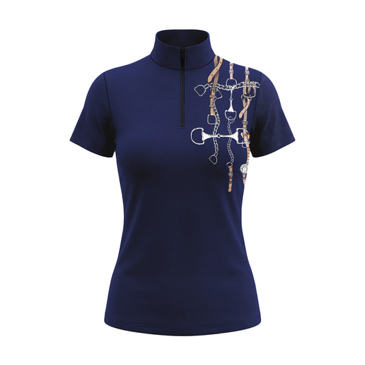 RIDER ATELIER navy bit & bridle print short sleeve top on white background, front view