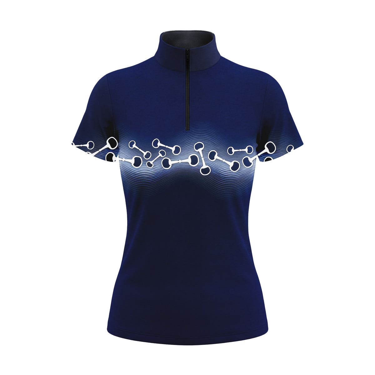 Studio flat view of the RIDER ATELIER Navy Bit Pattern Short-Sleeve Quarter-Zip Riding Top, showcasing the full pattern and quarter-zip collar
