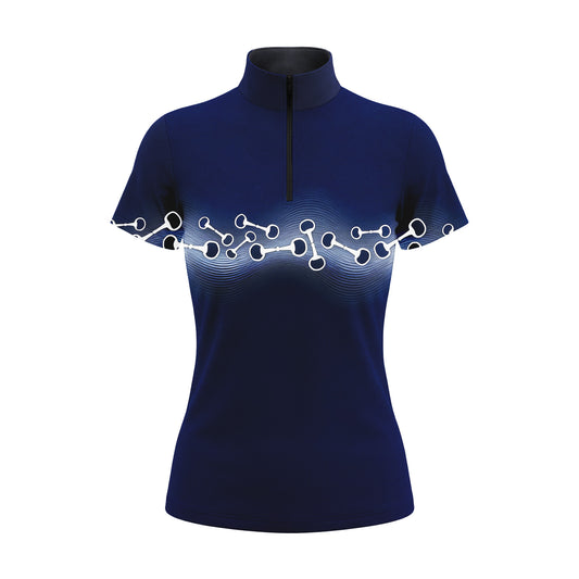 Studio flat view of the RIDER ATELIER Navy Bit Pattern Short-Sleeve Quarter-Zip Riding Top, showcasing the full pattern and quarter-zip collar
