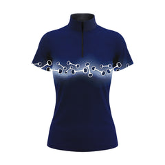 Studio flat view of the RIDER ATELIER Navy Bit Pattern Short-Sleeve Quarter-Zip Riding Top, showcasing the full pattern and quarter-zip collar
