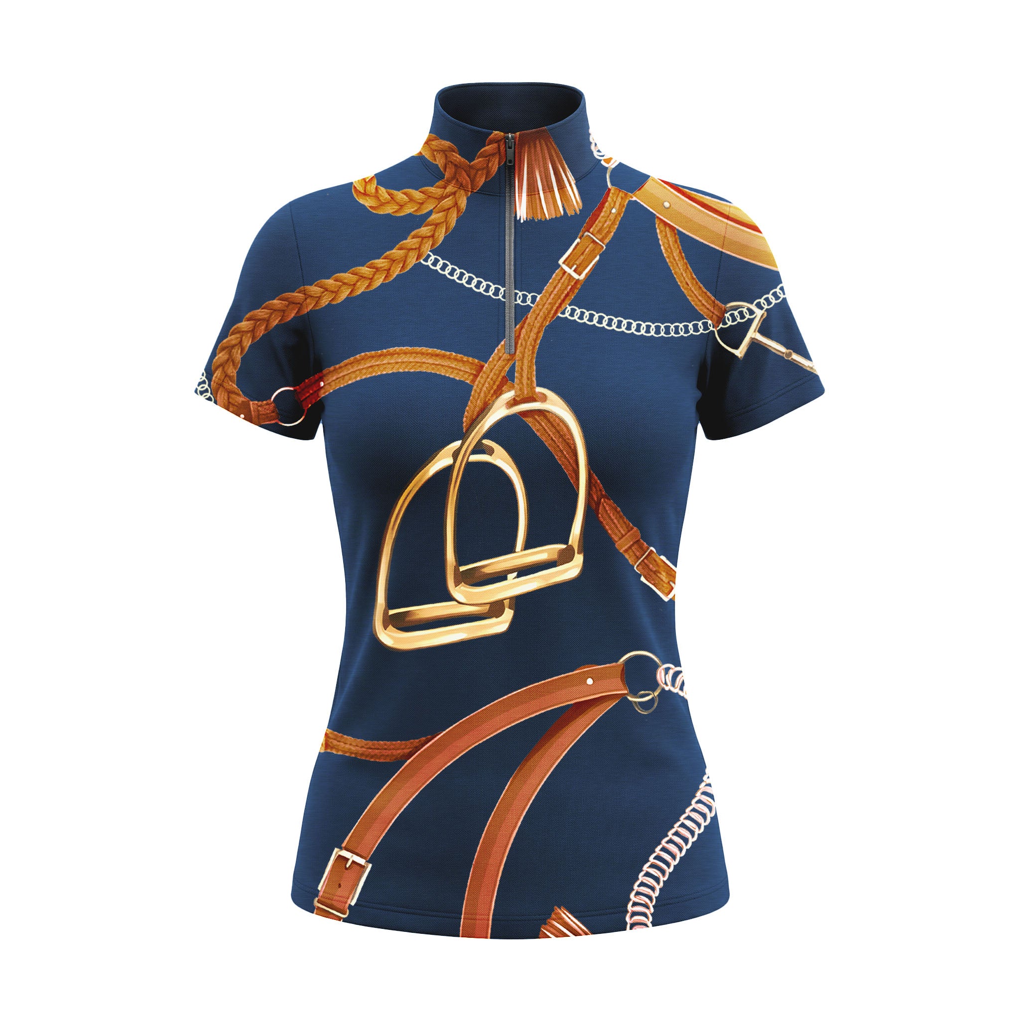 Studio shot of the RIDER ATELIER Navy Blue Equestrian Tack Print Short-Sleeve Quarter-Zip Riding Top, showing full print details, quarter-zip collar, and fabric texture against a clean white background
