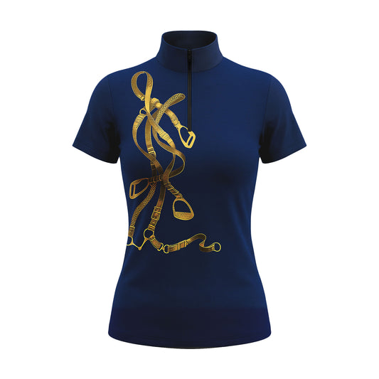 Studio shot of the RIDER ATELIER Navy Blue with Golden Equestrian Tack Print Short-Sleeve Quarter-Zip Riding Top, showing the full golden tack print, quarter-zip collar, and fabric texture against a clean white background
