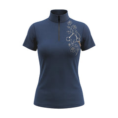 Studio flat view of the RIDER ATELIER Navy Floral Bit Line Art Short-Sleeve Quarter-Zip Riding Top, showcasing the full line art print and quarter-zip collar
